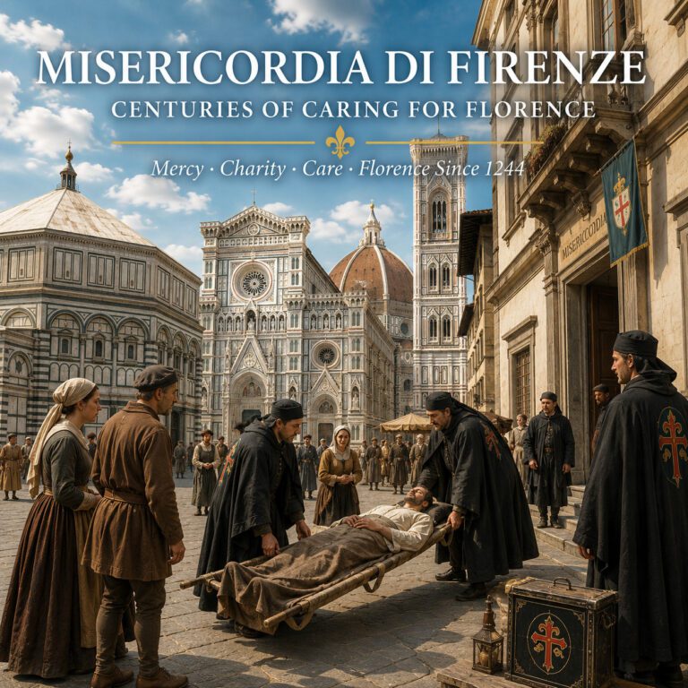 Misericordia di Firenze brothers caring for a sick man in historic Piazza del Duomo
