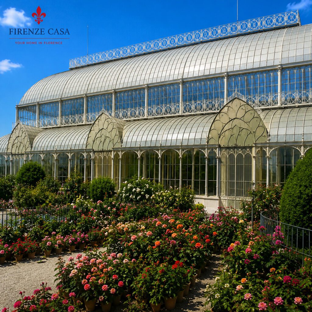 Mostra dei Fiori at Giardino dell’Orticoltura in Florence with colourful flowers and historic greenhouse