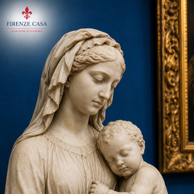 Renaissance marble sculpture against the characteristic blue walls of Museo Bardini Florence