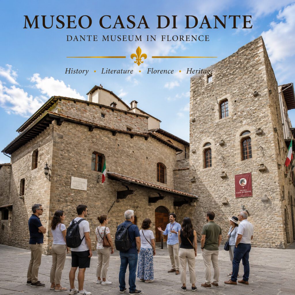 Museo Casa di Dante in Florence with visitors listening to a guide in the historic medieval courtyard