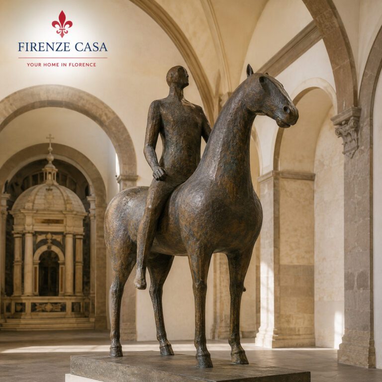Modern horse and rider sculpture at Museo Marino Marini Florence in a historic church setting