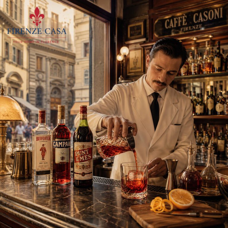 Bartender preparing a Negroni in a historic Florentine bar