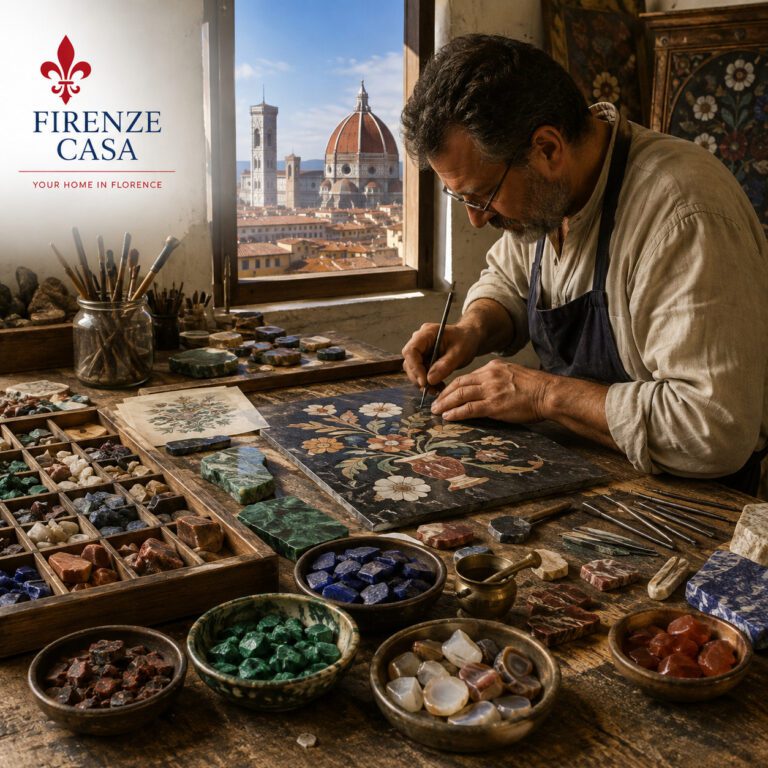 Master artisan creating a pietra dura inlay at the Opificio delle Pietre Dure in Florence with Florence Cathedral in the background