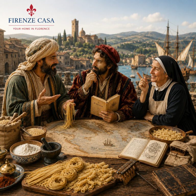 Marco Polo, an Arab merchant and a smiling Tuscan nun discuss the origins of pasta around a medieval table with handmade pasta, maps and durum wheat in a Tuscan setting.