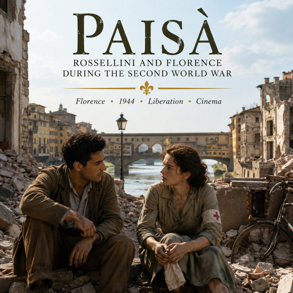 Paisà Florence with civilians amid wartime ruins near Ponte Vecchio in 1944