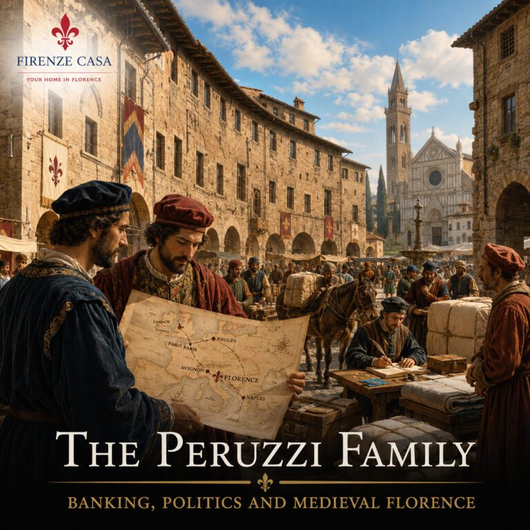 Peruzzi merchants with a European trade map in medieval Florence near Santa Croce