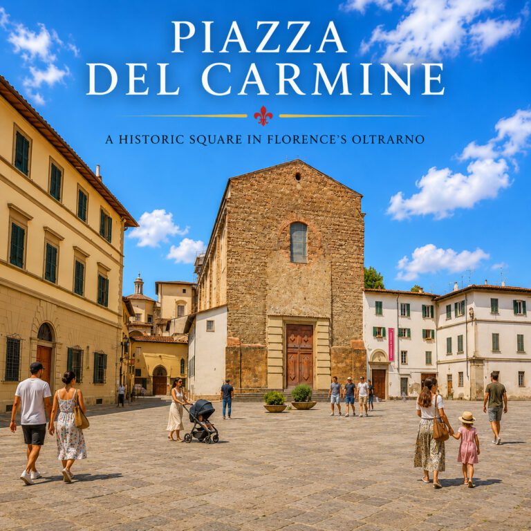 Piazza del Carmine in Florence with Santa Maria del Carmine and people walking across the historic Oltrarno square