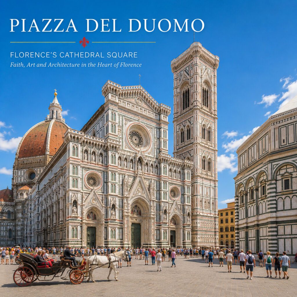 Piazza del Duomo in Florence with the Cathedral of Santa Maria del Fiore, Giotto’s Bell Tower and the Baptistery