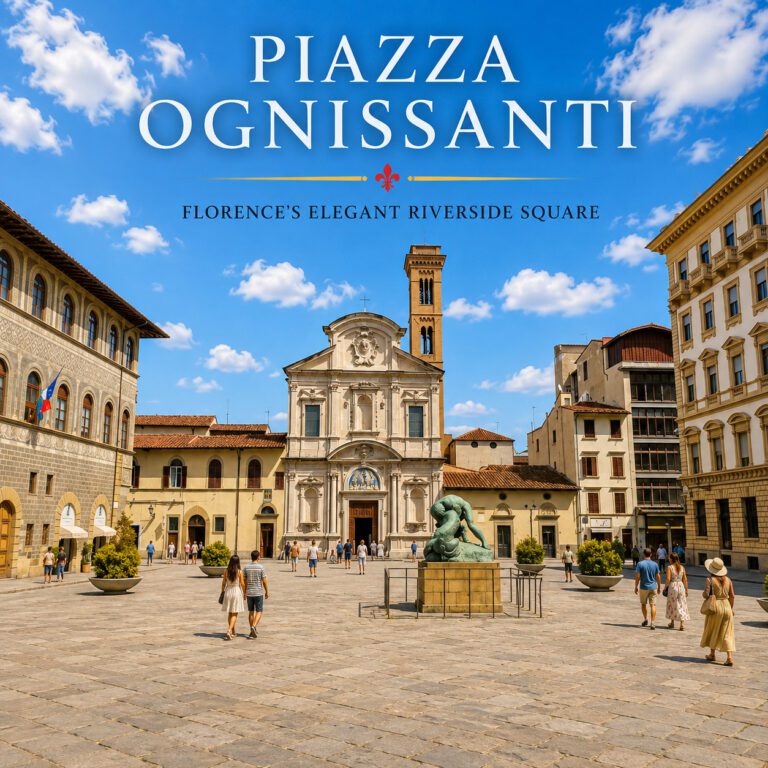 Piazza Ognissanti in Florence with the Church of Ognissanti and historic buildings on a sunny day