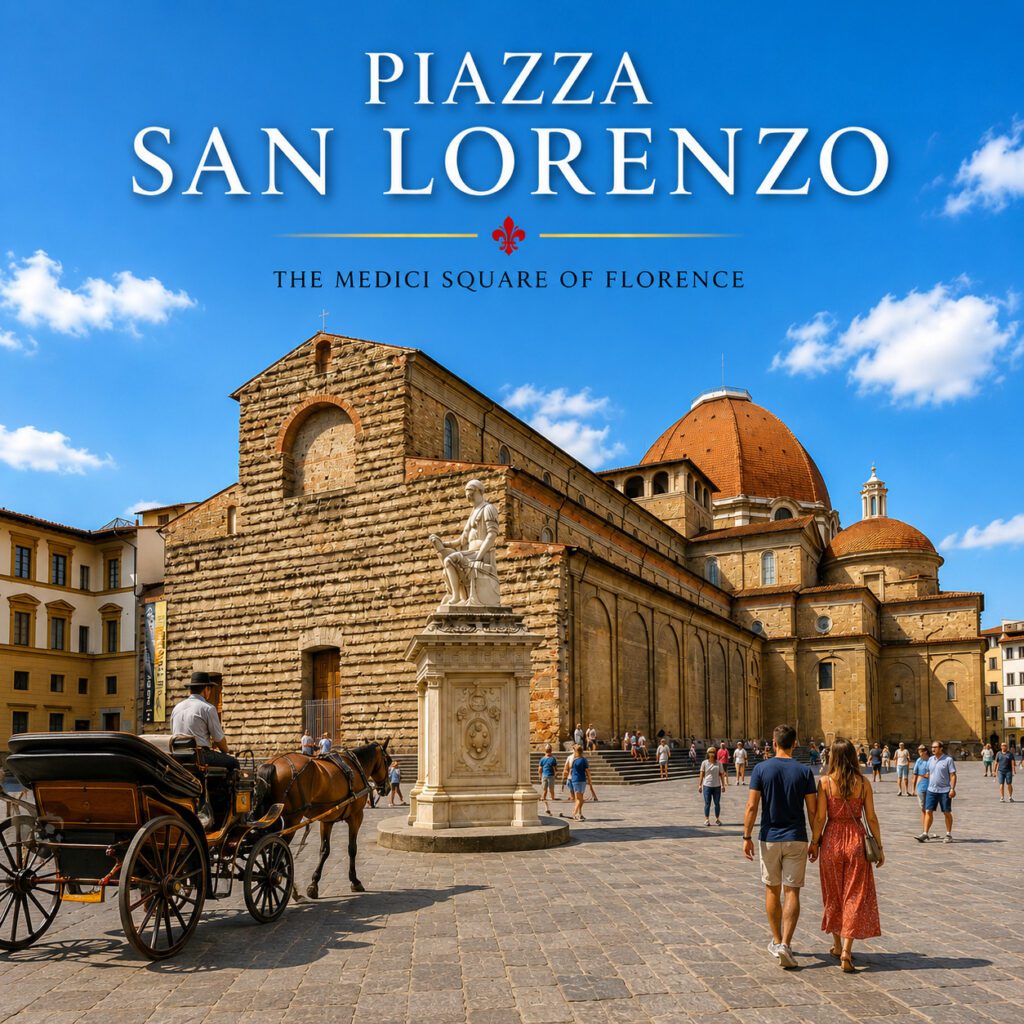 Piazza San Lorenzo in Florence with Basilica di San Lorenzo, Giovanni delle Bande Nere monument and horse-drawn carriage