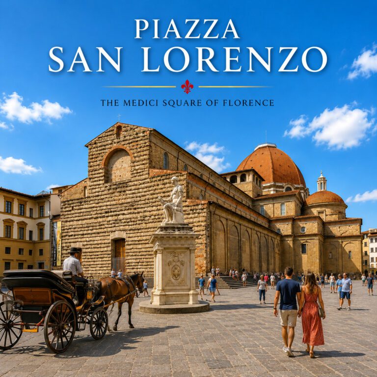 Piazza San Lorenzo in Florence with Basilica di San Lorenzo, Giovanni delle Bande Nere monument and horse-drawn carriage