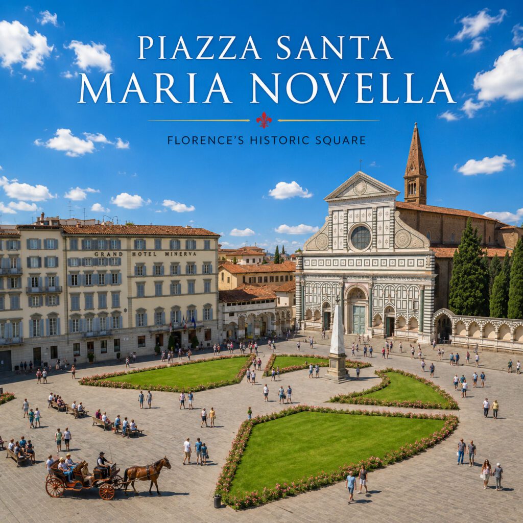 Piazza Santa Maria Novella in Florence with the basilica, historic buildings and horse-drawn carriage