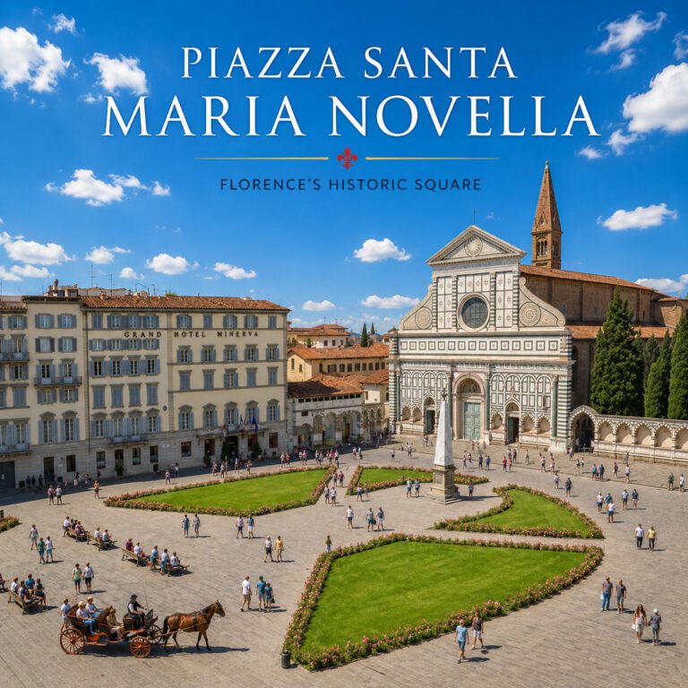 Piazza Santa Maria Novella in Florence with the basilica, historic buildings and horse-drawn carriage