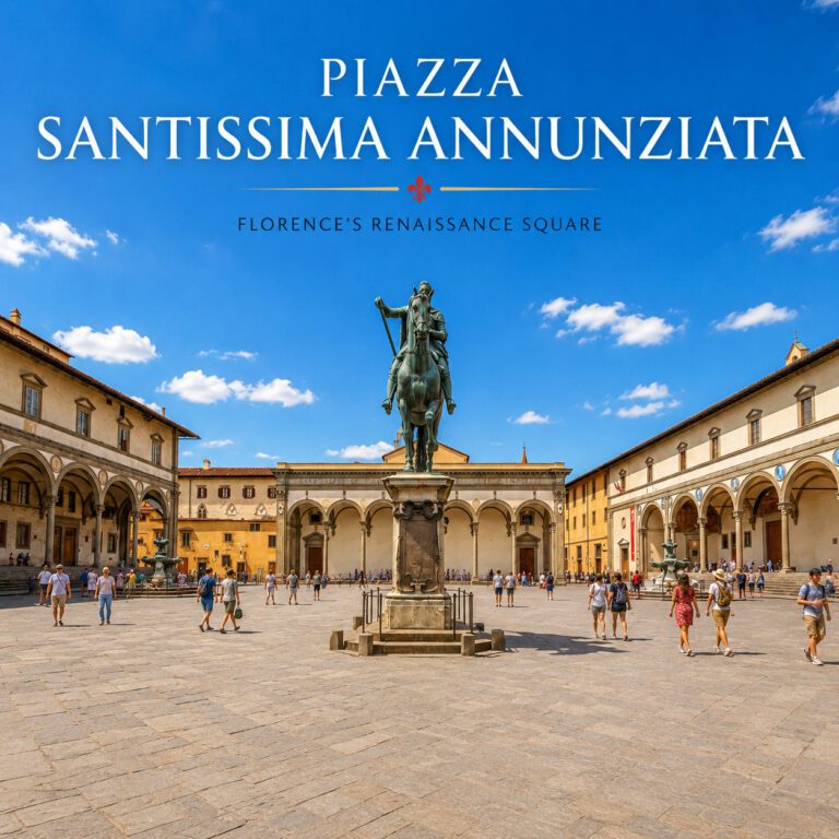 Piazza Santissima Annunziata in Florence with the equestrian statue of Ferdinando I de’ Medici and Renaissance arcades