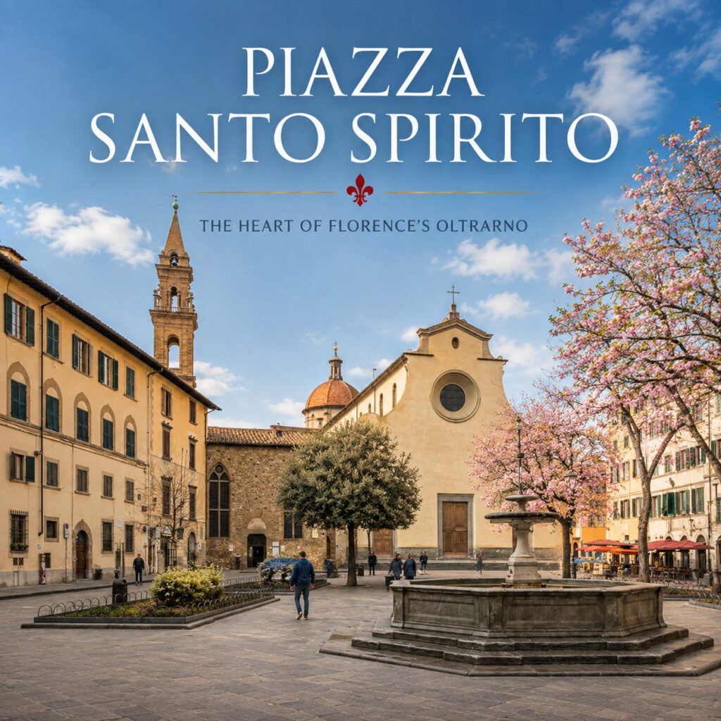 Piazza Santo Spirito in Florence with the Basilica of Santo Spirito and its historic fountain