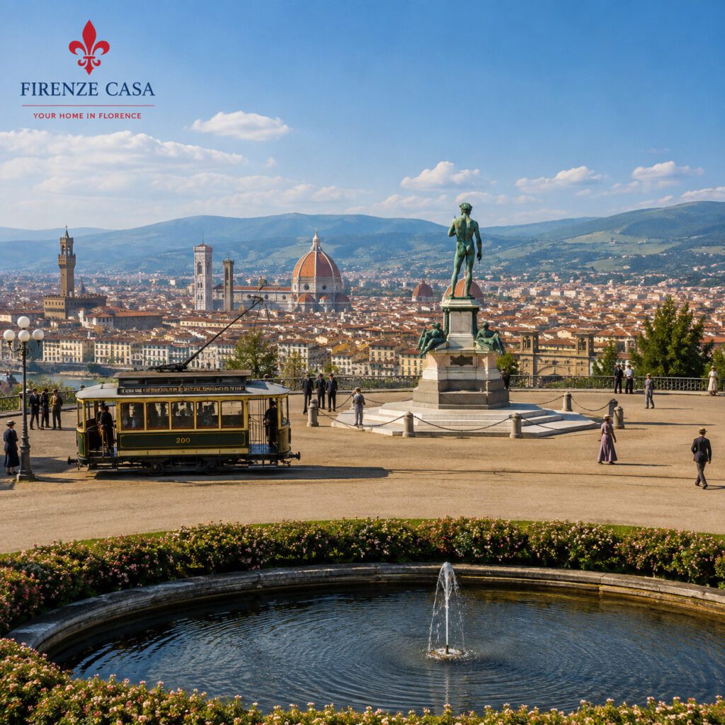 Historic Piazzale Michelangelo in Florence with tram and panoramic city view