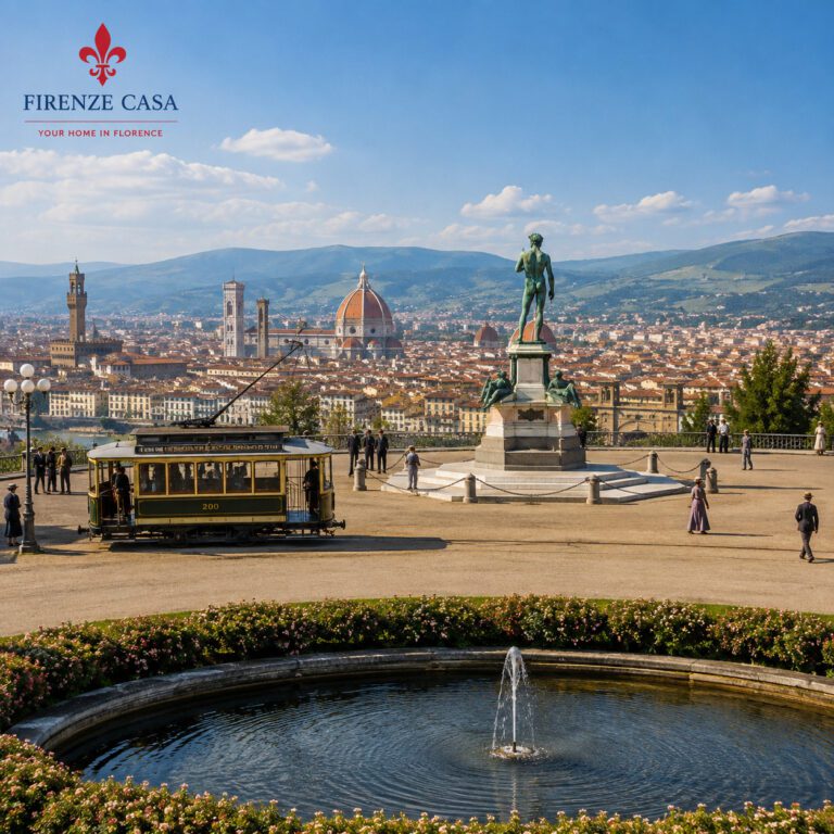 Historic Piazzale Michelangelo in Florence with tram and panoramic city view
