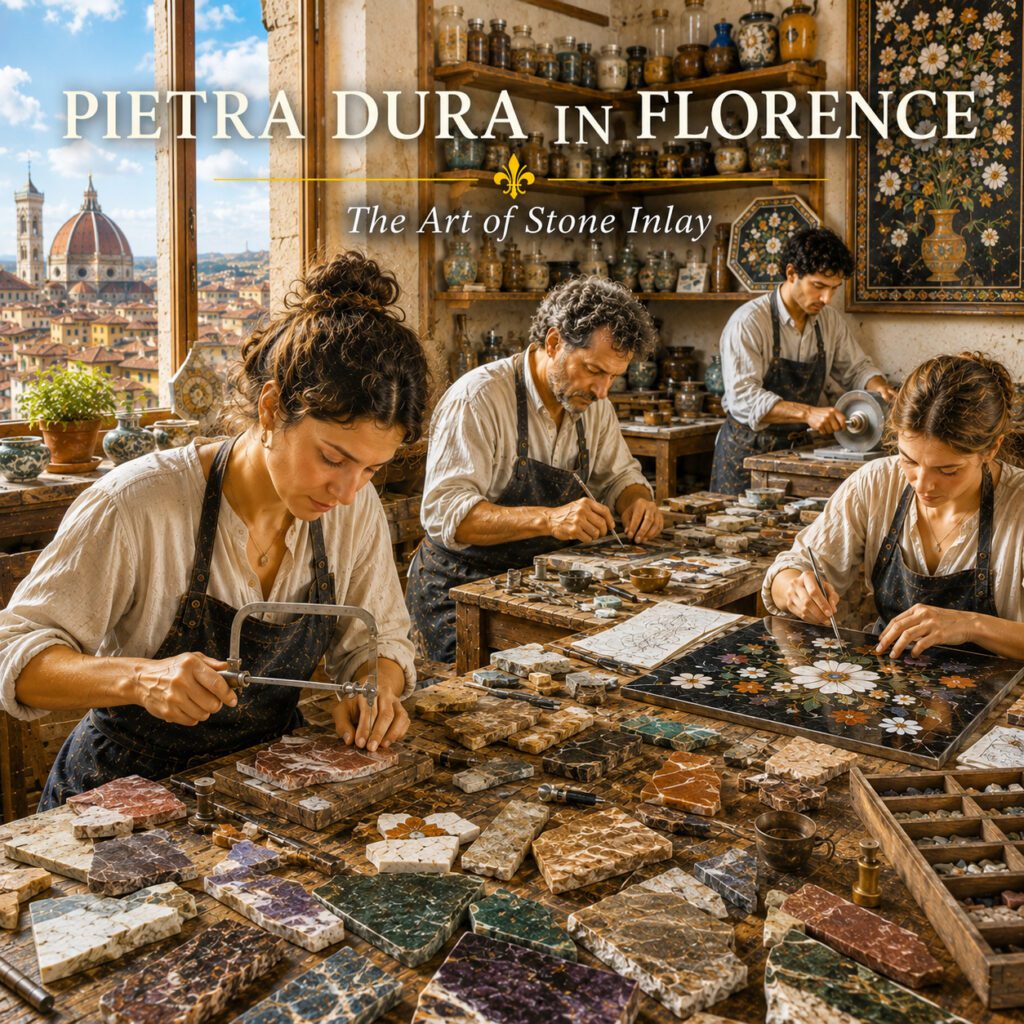 Artisans creating traditional Pietra Dura stone inlay in a Florence workshop