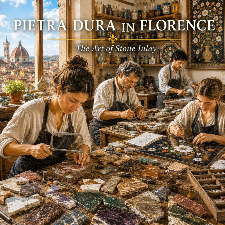 Artisans creating traditional Pietra Dura stone inlay in a Florence workshop