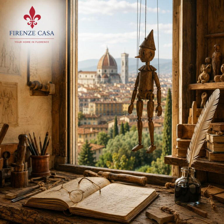 Wooden marionette in a traditional Tuscan workshop overlooking Florence, inspired by the literary world of Carlo Collodi and Pinocchio.