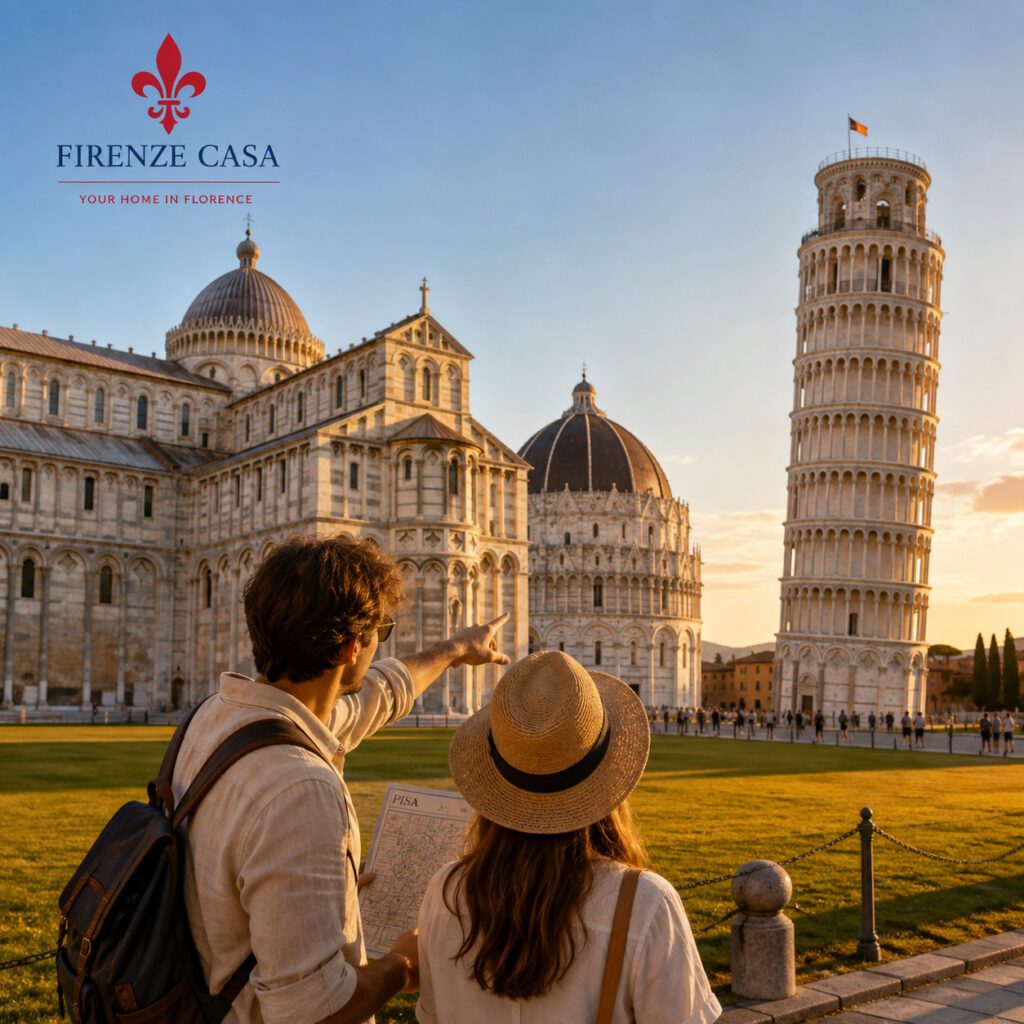 Travellers exploring the Piazza dei Miracoli in Pisa with the Leaning Tower, Cathedral and Baptistery at sunset.