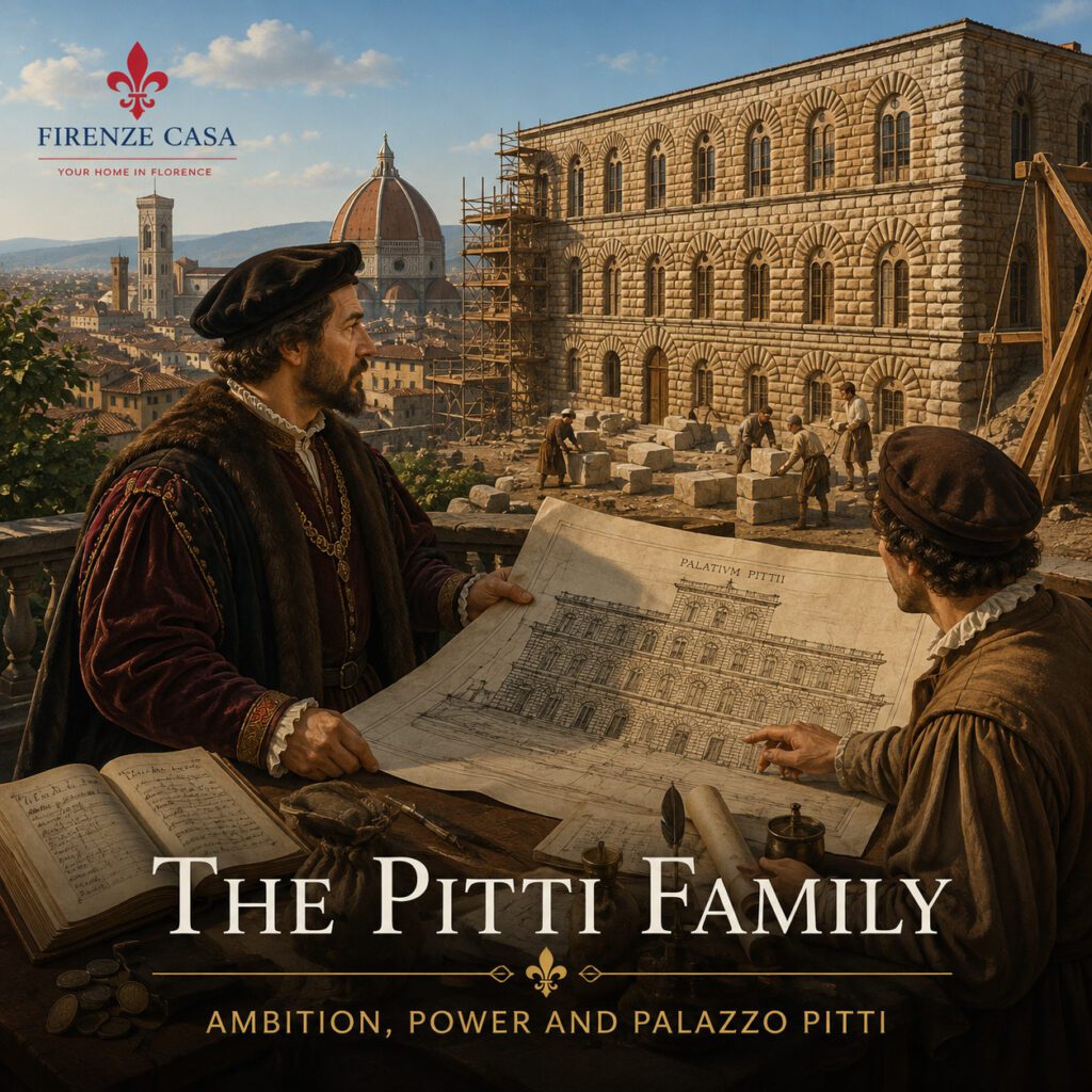 The Pitti family in Renaissance Florence with Luca Pitti, architectural plans and Palazzo Pitti under construction