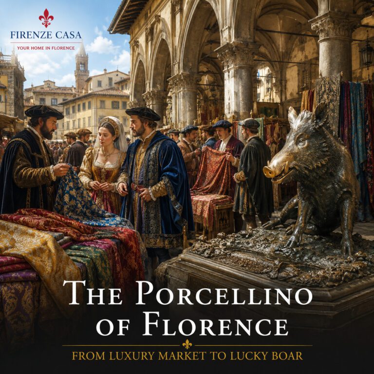 The Porcellino of Florence at the historic Mercato Nuovo with merchants selling luxurious silk and textiles