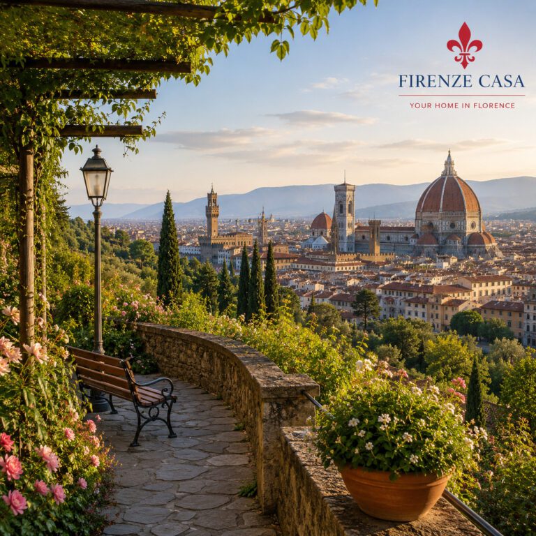 Quiet garden terrace overlooking the historic centre of Florence and the Duomo