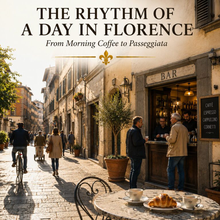 Morning coffee and daily life on a street in Florence