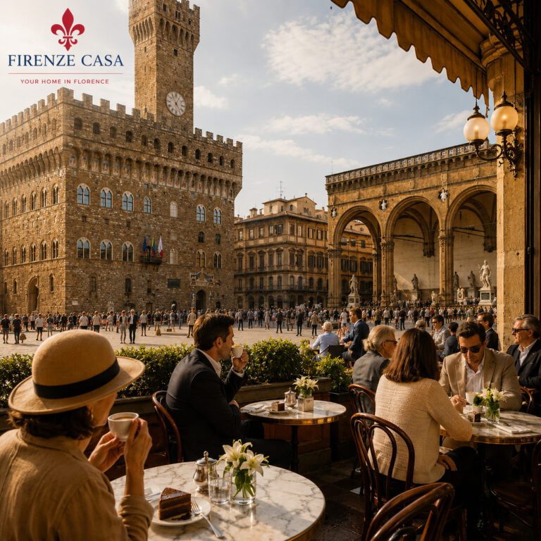 Rivoire Florence café terrace overlooking Palazzo Vecchio, the Uffizi and Loggia dei Lanzi on Piazza della Signoria