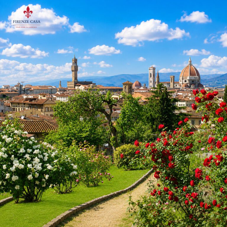 Rose Garden Florence with red and white roses and panoramic city views