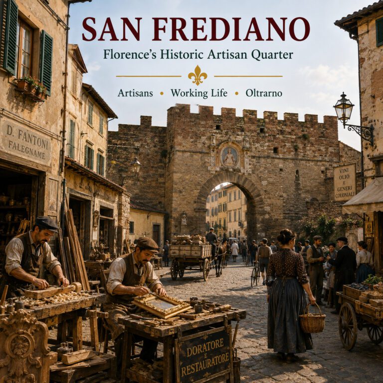 Historic San Frediano neighbourhood in Florence with Porta San Frediano and traditional artisans
