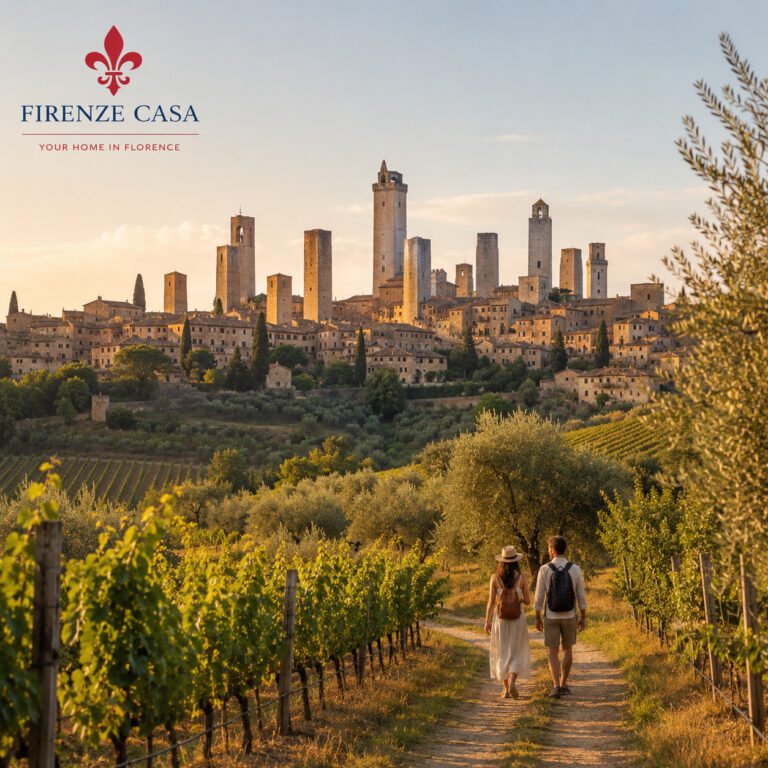 San Gimignano from the Tuscan countryside with medieval towers, vineyards and olive groves at sunset.