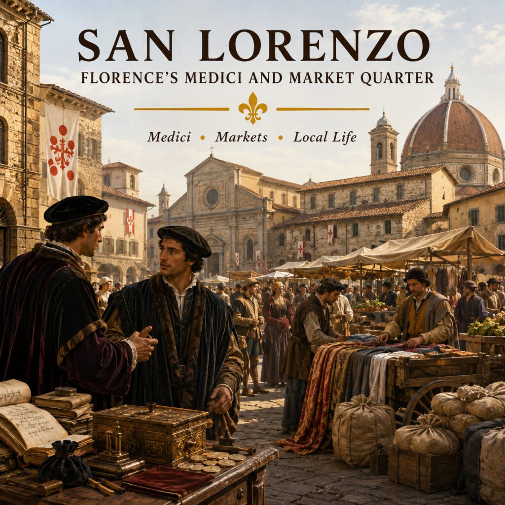 Historic San Lorenzo neighbourhood in Florence with Medici merchants and market life