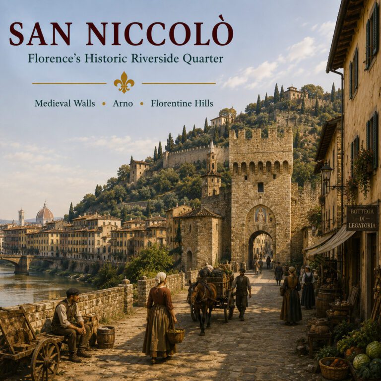 Historic San Niccolò neighbourhood in Florence with Porta San Niccolò, medieval walls and the Arno