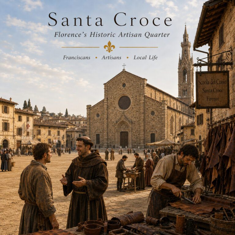 Historic Santa Croce neighbourhood in Florence with Franciscan friar and leather artisans