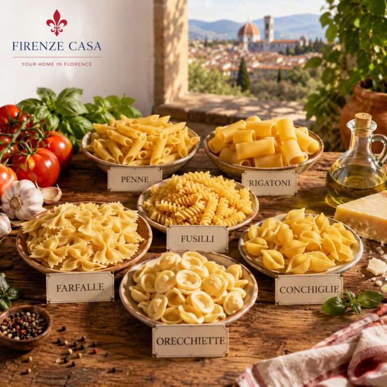 Selection of traditional Italian short pasta varieties including penne, rigatoni, fusilli, farfalle, orecchiette and conchiglie displayed in a bright Tuscan kitchen.