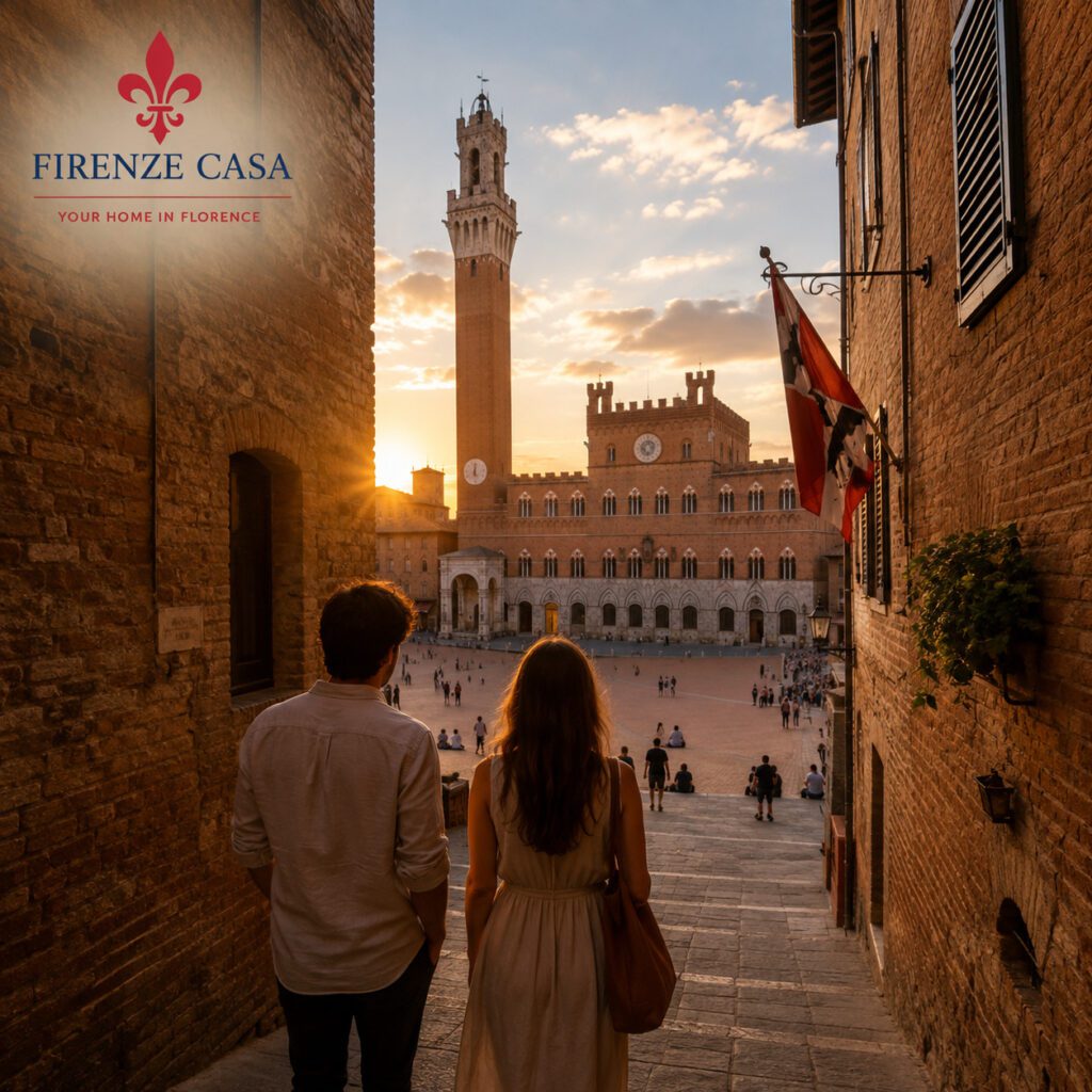 Travellers walking through a medieval street towards Piazza del Campo with the Palazzo Pubblico and Torre del Mangia in Siena at sunset.