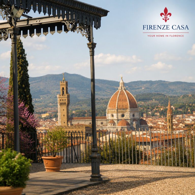 View of Florence and the Duomo from a garden terrace overlooking the historic centre