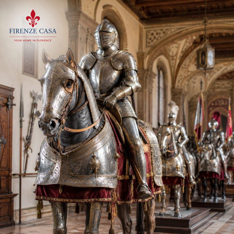 Armoured knight on horseback in the Hall of the Cavalcade at Stibbert Museum Florence