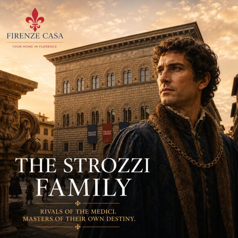 Portrait of a Renaissance nobleman representing the Strozzi family with Palazzo Strozzi in the background, Florence, Italy.