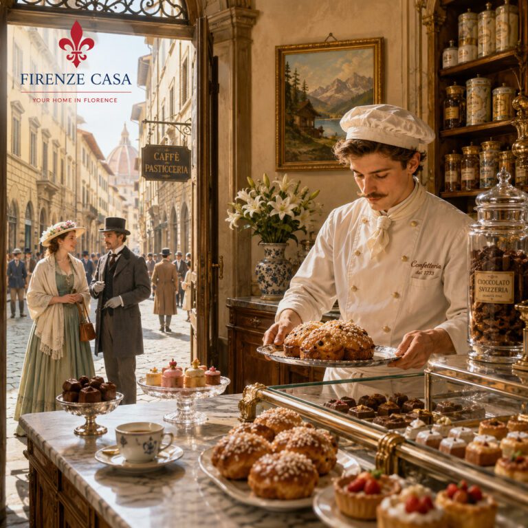 Swiss confectioner in a historic Florentine pastry shop, reflecting the Swiss influence on café culture in Florence