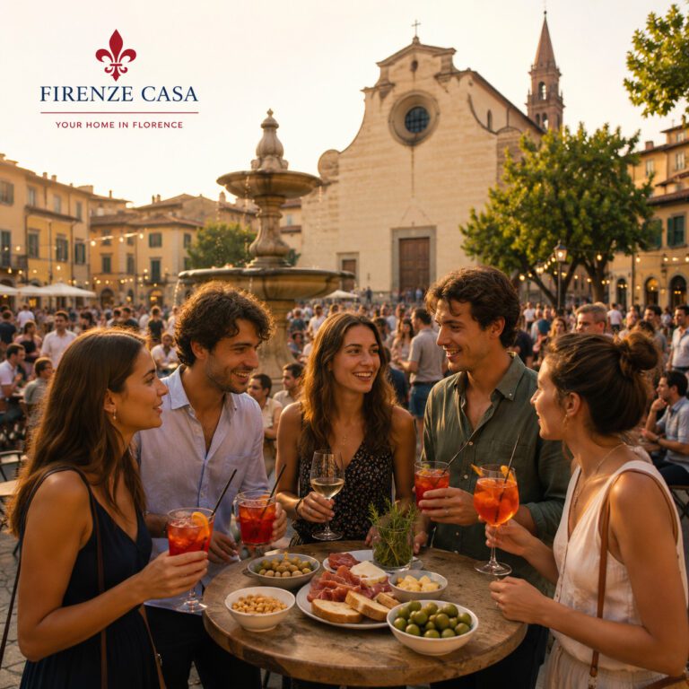 Friends enjoying an Italian aperitivo with Negroni, Spritz and Tuscan antipasti on Piazza Santo Spirito in Florence at sunset
