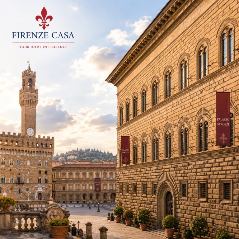 Palazzo Vecchio, Palazzo Strozzi and Palazzo Pitti represent the most beautiful palaces in Florence under a bright Tuscan sky.