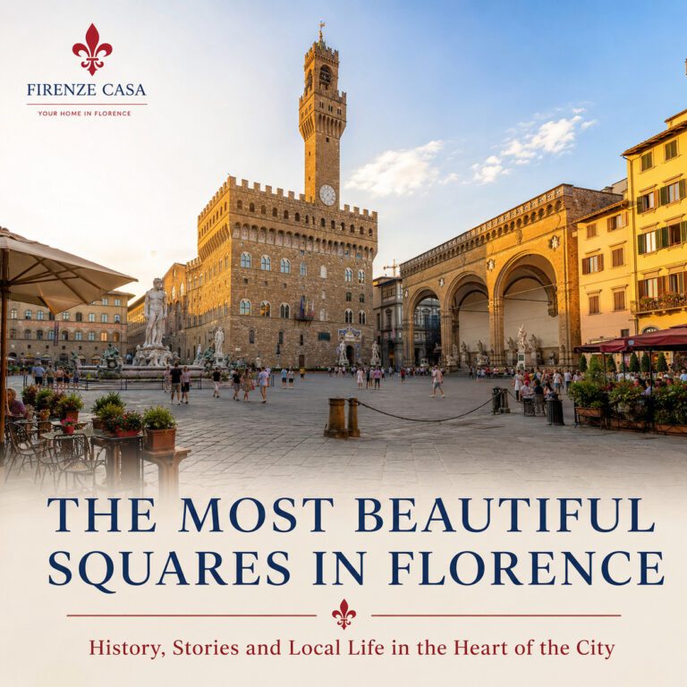 Piazza della Signoria in Florence with Palazzo Vecchio and the Loggia dei Lanzi, featured in a guide to the city's most beautiful historic squares.