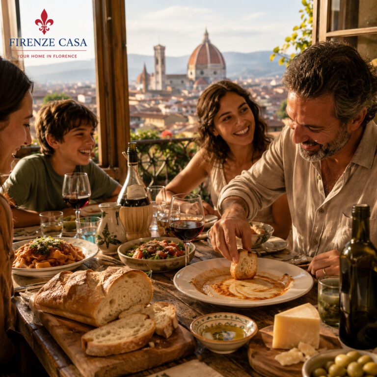 Family enjoying a traditional Tuscan meal in Florence while performing fare la scarpetta with Pane Toscano and overlooking the Florence Cathedral.