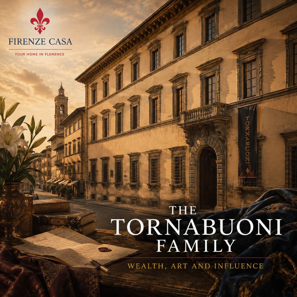 Atmospheric Renaissance-inspired illustration representing the Tornabuoni family, highlighting wealth, banking, art patronage and elegant Florentine architecture in the style of Firenze Casa.