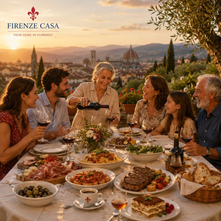 A multigenerational Italian family and guests enjoy a traditional Tuscan dinner on a terrace overlooking Florence at sunset, with pasta, wine, espresso and classic Italian dishes.