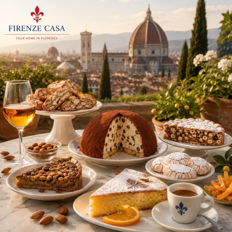 Traditional Tuscan desserts including Zuccotto, Cantucci, Panforte, Ricciarelli and Schiacciata alla Fiorentina with Vin Santo overlooking Florence