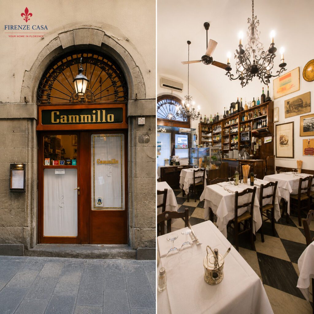 Trattoria Cammillo in Florence with historic entrance and traditional dining room